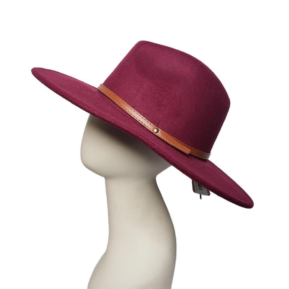 NWT Women's Wine Wide Brim Felt Fedora Hat Faux Leather Detail